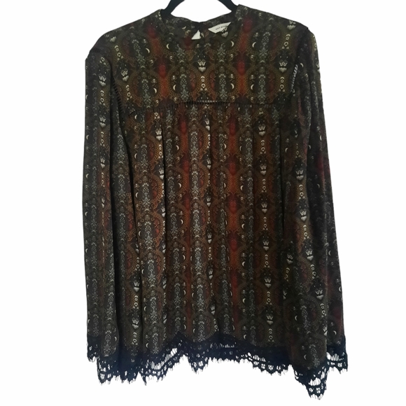 MAX STUDIO High Neck Lace Trimmed Baroque Print Keyhole Back Blouse Sz XL Multi - Picture 6 of 9